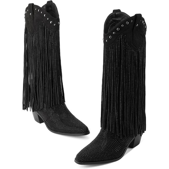 Black Rhinestone Fringe Cowgirl Boots Women Sparkly Western Pointed Toe Heel - Picture 7 of 7